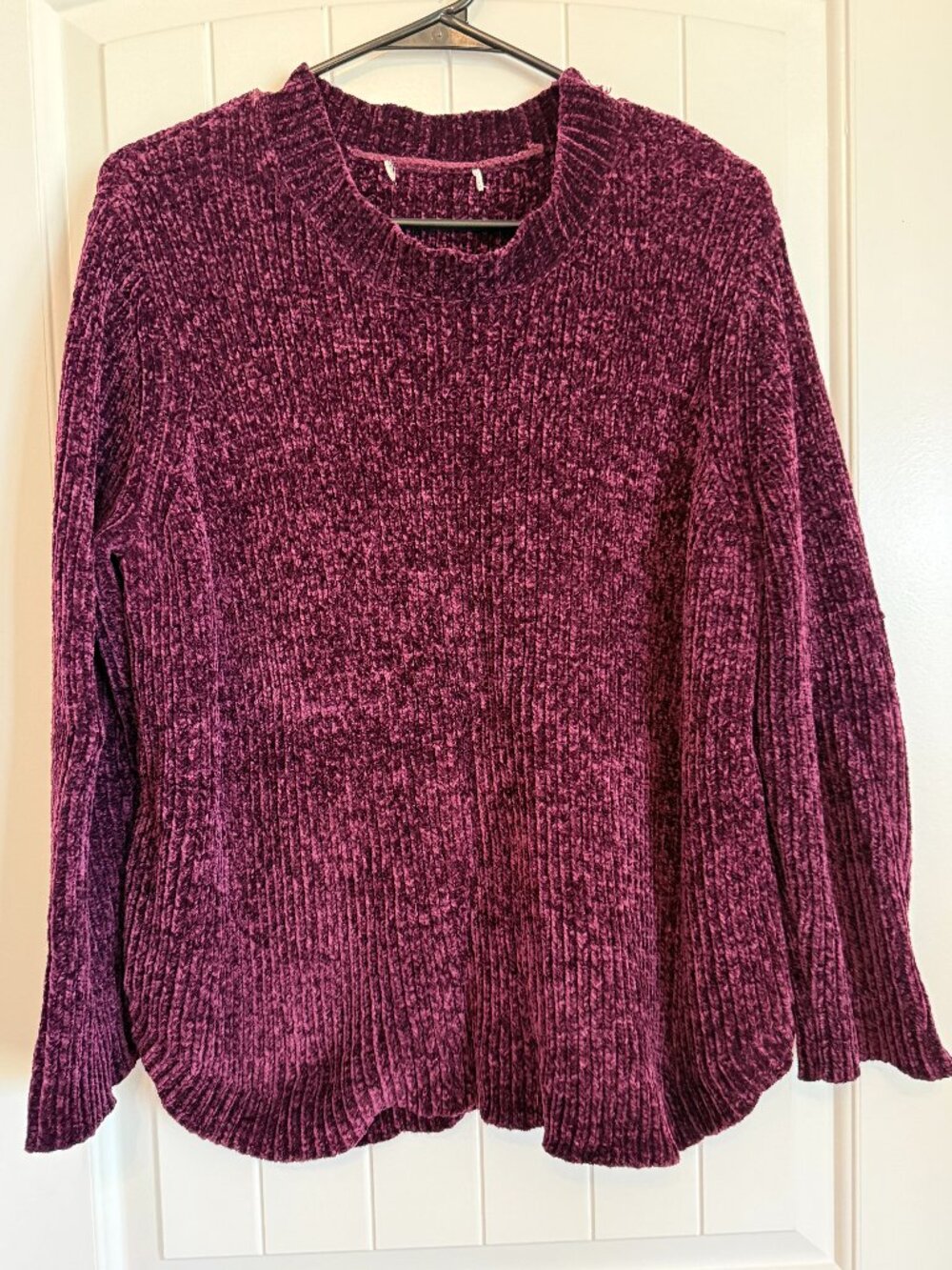Ultra-soft chenille knit sweater with a classic crew neck.